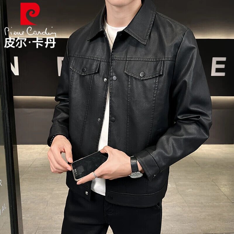 皮尔卡丹皮夹克男士春秋季翻领外套商务防风中青年长袖上衣防风