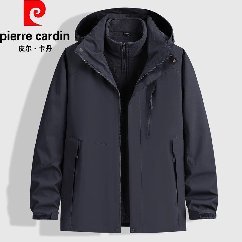皮尔卡丹冲锋衣男外套加肥加大户外三合一可拆卸男士加绒加厚夹克