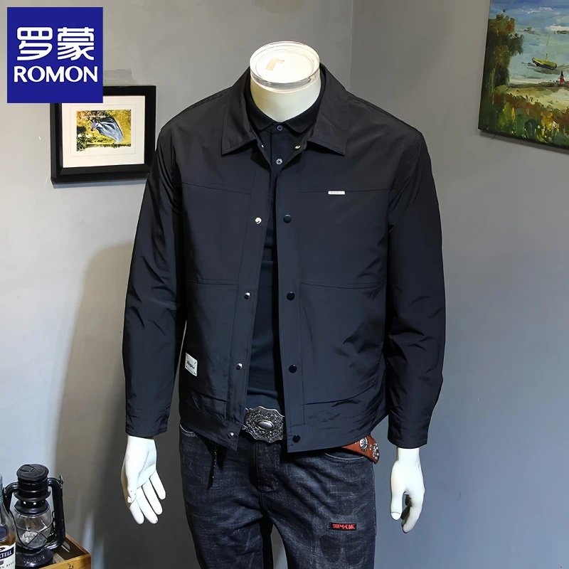 罗蒙秋季新款夹克男韩版修身翻领外套简约百搭青年休闲男装茄克衫