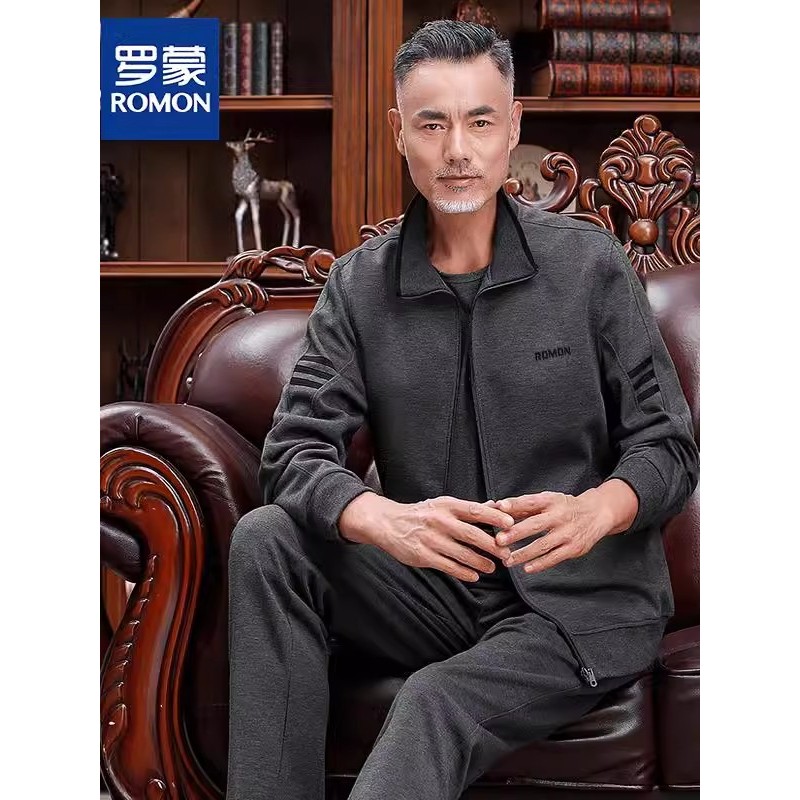罗蒙中老年爸爸春秋立领休闲男士运动服套装宽松老人大码爷爷