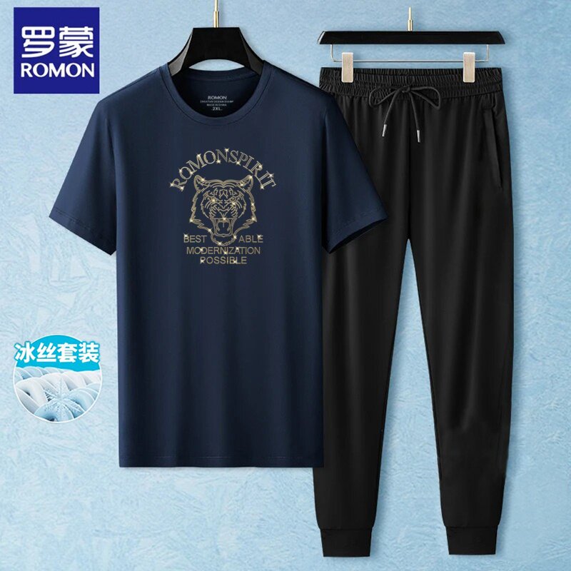 罗蒙宽松圆领短袖体恤冰丝套装