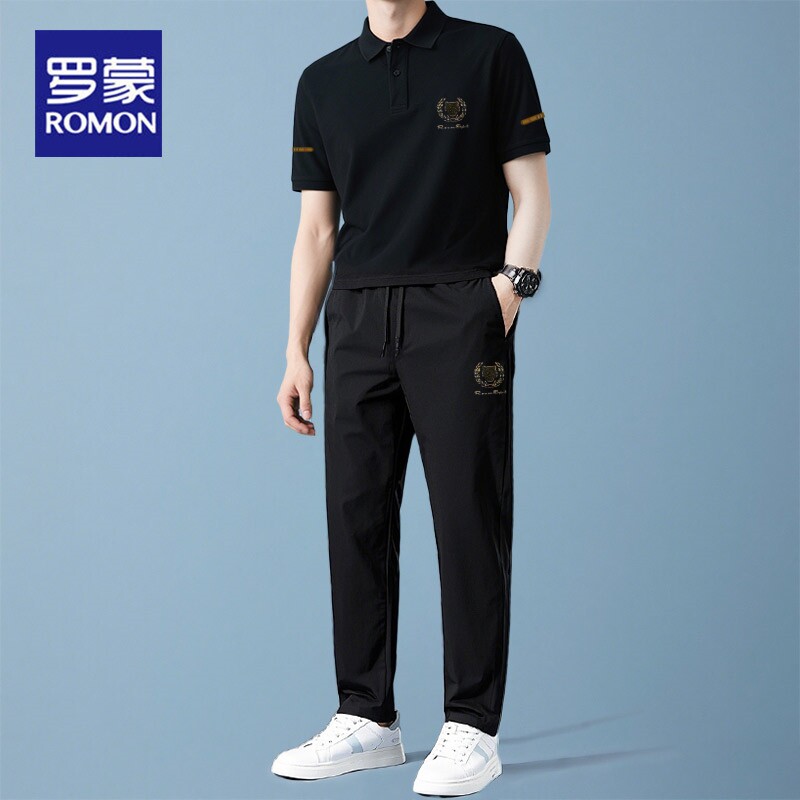 Romon/罗蒙RM6091夏季翻领短袖套装轻奢时尚运动商务修身男装透气
