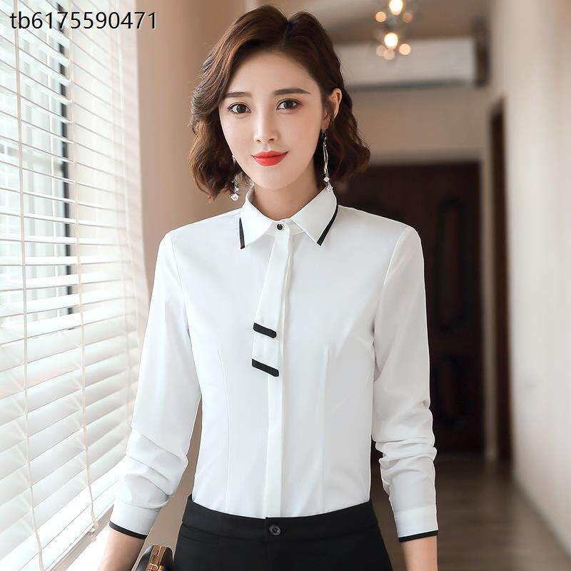 职业白衬衣酒店服务员春秋工作服长袖女餐饮饭店工装气质灰色衬衫