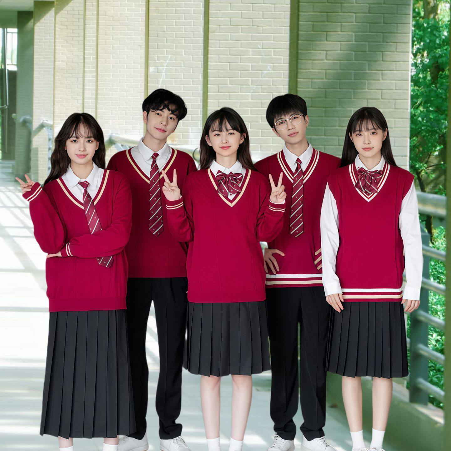 红色学院风毛衣制服|初中高中