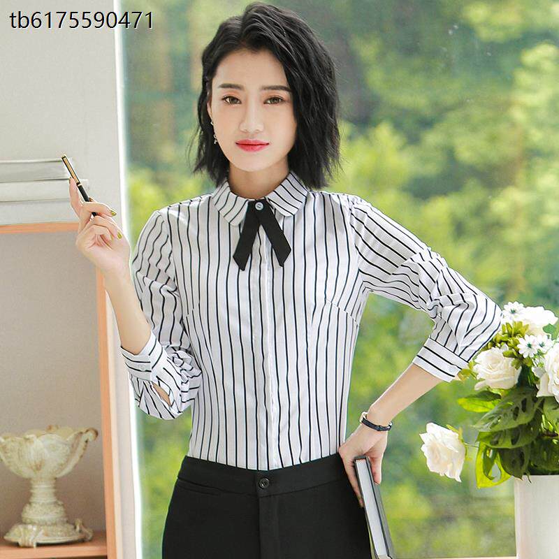 大码职业长袖竖条纹衬衣女秋装OL酒店前台KTV收银服务员正装工装