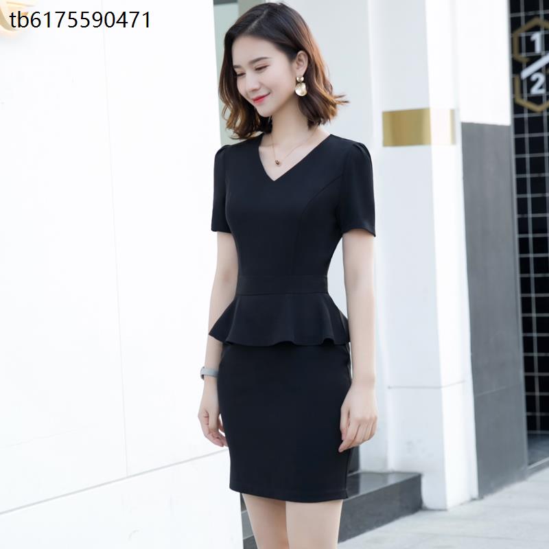 黑色荷叶边职业连衣裙女夏薄款短袖正装酒店前台美容院气质工作服