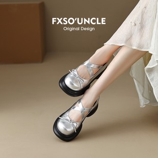 真皮FXSO方巷2025年秋冬新款蝴蝶结厚底银色玛丽珍小皮鞋女单鞋子