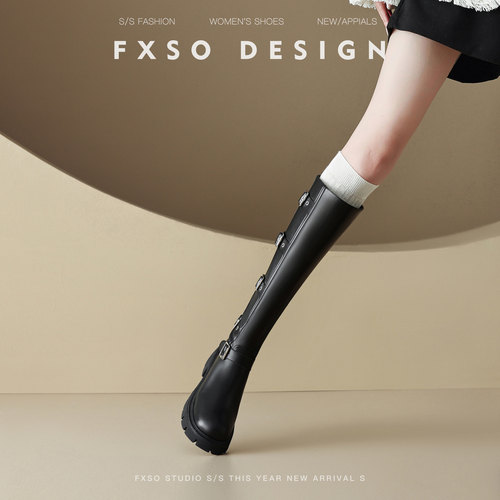 FXSO方巷皮带扣厚底高跟骑士靴女