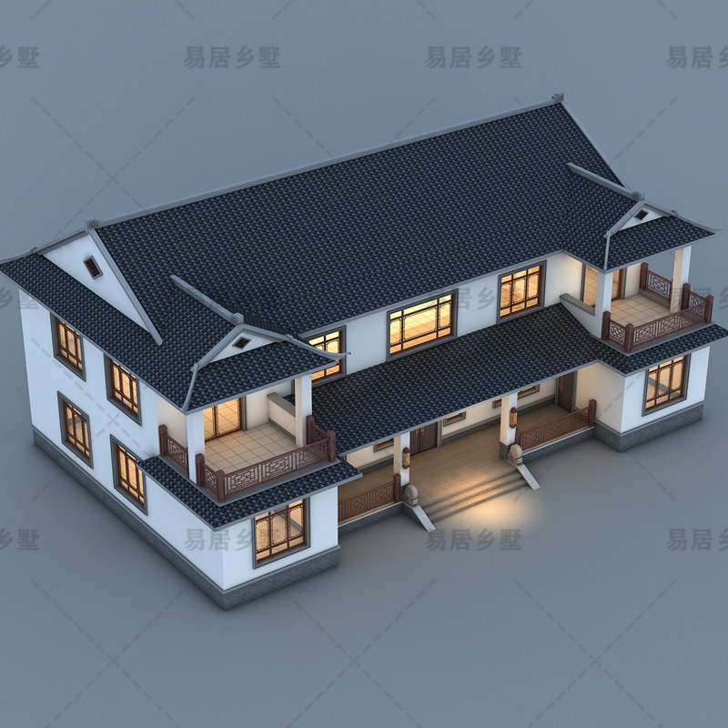 203别墅设计图纸二层中式四合院农村自建房屋施工图效果图全套