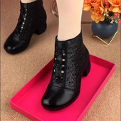 品牌鞋 中跟复古妈妈凉靴夏 真皮镂空透气女短靴圆头休闲百搭洞洞鞋