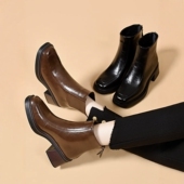 方头粗跟短靴女2025年秋冬新款 软皮后拉链皮鞋 春秋英伦风切尔西靴