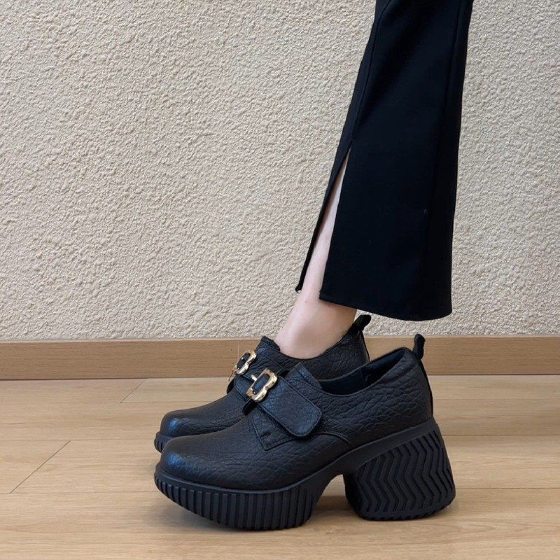 软皮圆头厚底增高小皮鞋女2026春季新款复古百搭通勤粗跟高跟单鞋,女鞋,深口单鞋,淘宝优惠券,粉丝福利购,淘宝优惠卷