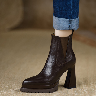 手工女鞋10cm高跟鞋2025年秋冬新款防水台短靴软皮粗跟侧拉链靴子