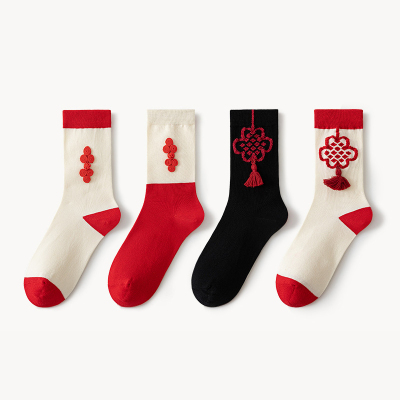 蛇年喜庆男女中国结饰品袜简约大红色吸汗中筒袜子防滑新年红袜子