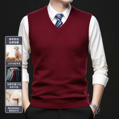 飞飞男装V领针织背心男款高端轻奢纯羊毛打底衫男士保暖无袖上衣