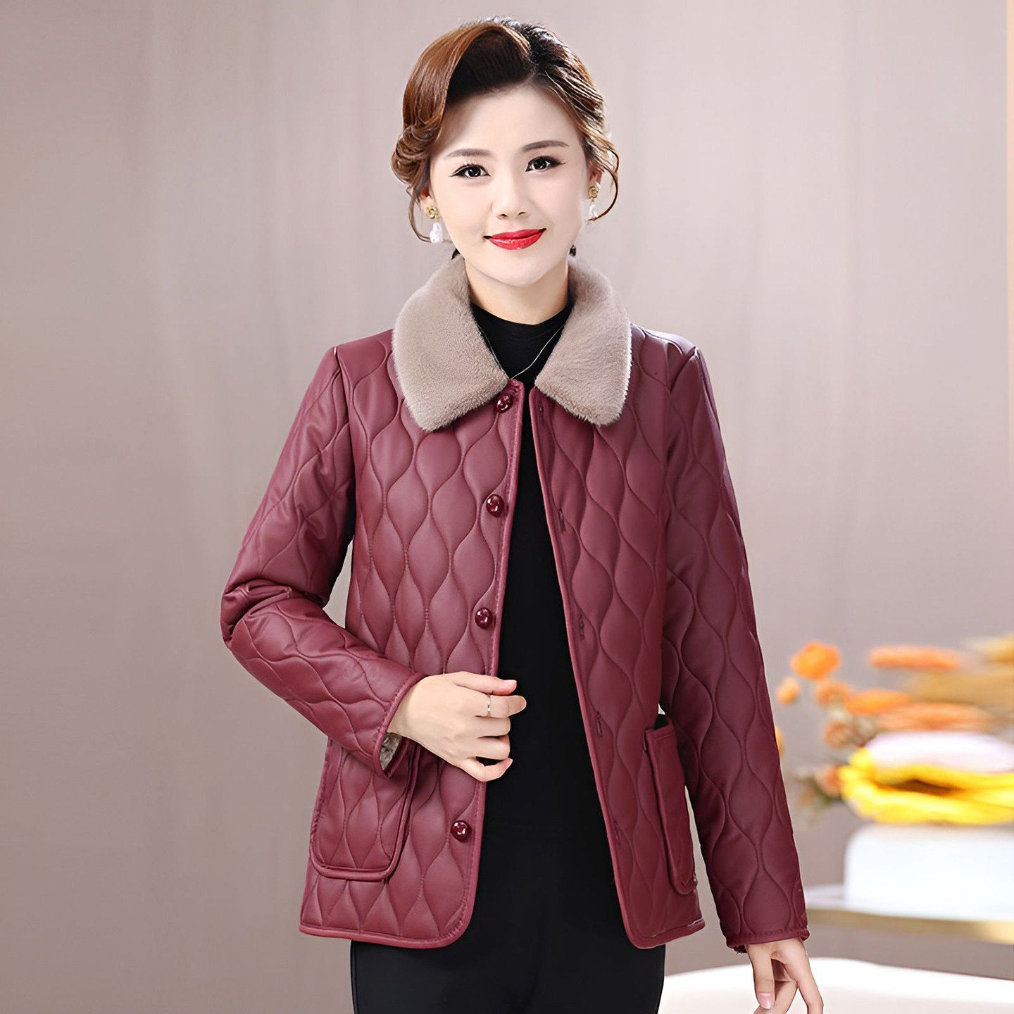 妈妈装皮衣免洗外套女士秋冬加绒加厚夹克中老年妈妈棉袄冬季保暖