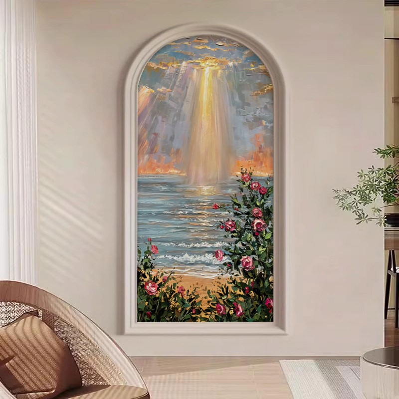 现代法式入户玄关墙布抽象竖版拱形壁纸走廊过道治愈系风景3d壁画