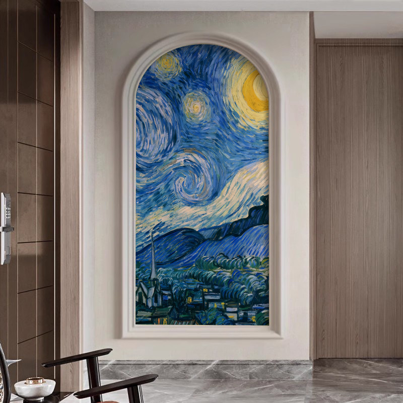 现代玄关拱门壁纸梵高星空墙布过道餐厅客厅背景墙防潮墙纸小红书