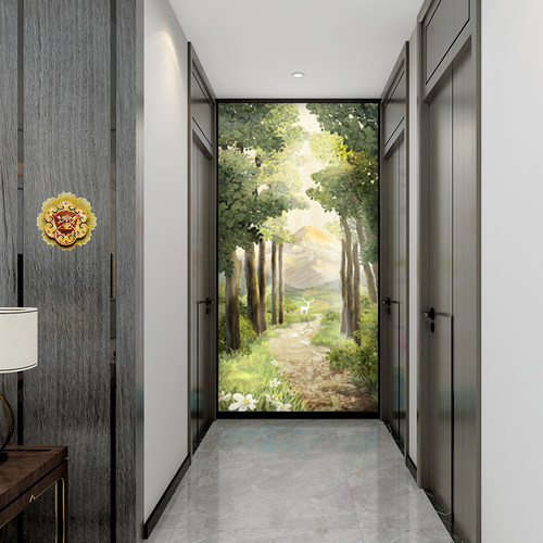 法式原木风玄关进门墙壁纸风景林荫小路走廊过道竖版墙布壁画简约