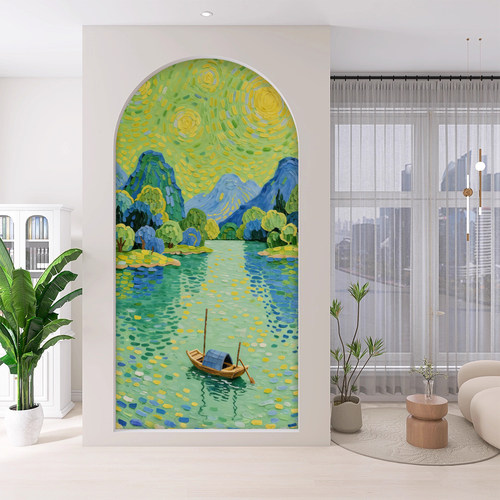 梵高莫奈北欧艺术客厅玄关墙布温馨餐厅背景墙壁纸防潮拱形小红书