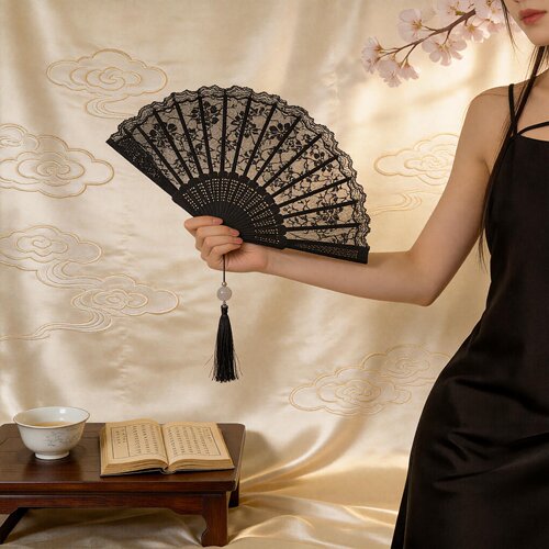 26年新中式复古黑色蕾丝折扇jk洛丽塔汉服旗袍扇子流苏古风拍照道