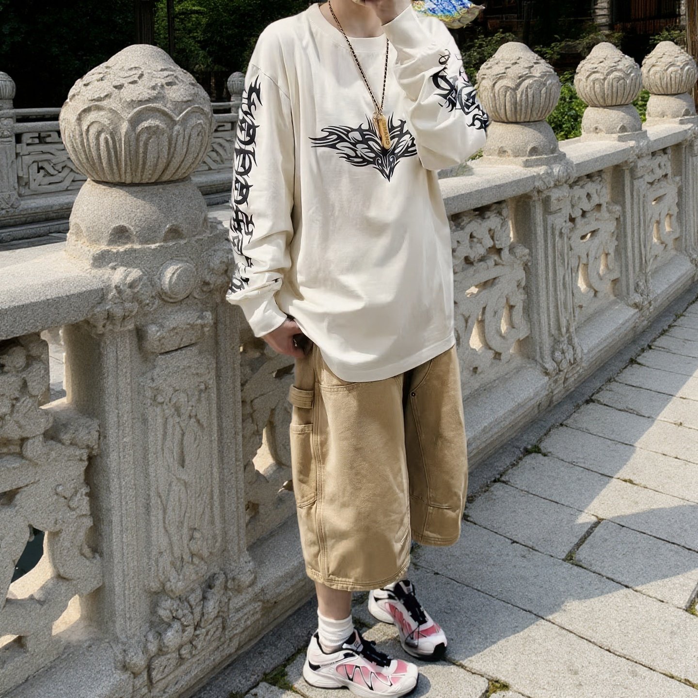 MHCF 2025新款美式潮流高街水洗宽松荧光绿印花长袖打底男女卫衣