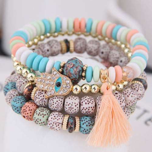 Multi PCS Mixed Beaded Tassel Evil Eye Boho Bracelet Sets
