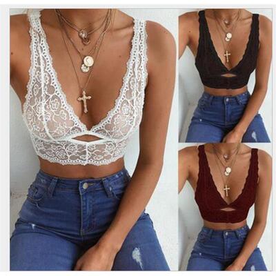 Bralet Bra Bustier Crop Top Cami White Deep V Neck Tank Tops