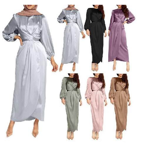 Women Arab Muslim Satin Puff Long Sleeve Maxi Dress Robe 2XL