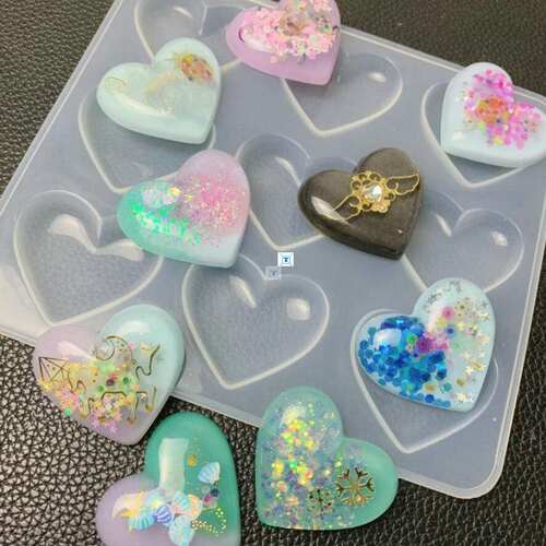9-Cavity Clear Shiny Heart Silicone Mold DIY Resin Puffy