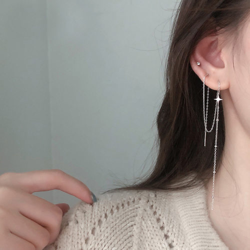 Trendy Cute Star And Moon Long Earrings Silver Color Tassel