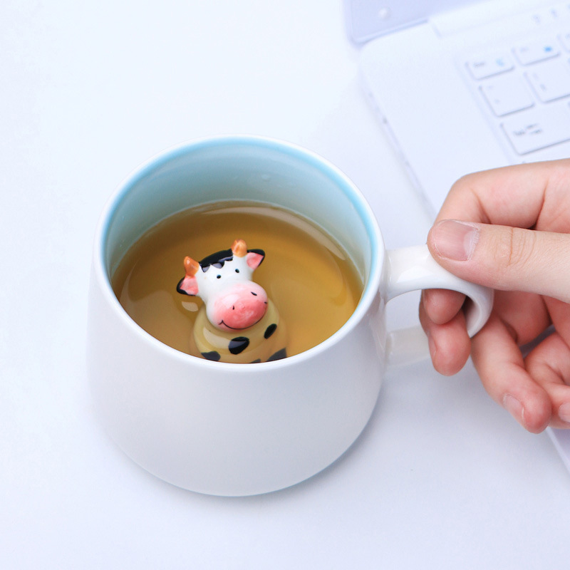 3D Cute Animals Ceramic Coffee Cups with Handle Cow Panda跨1