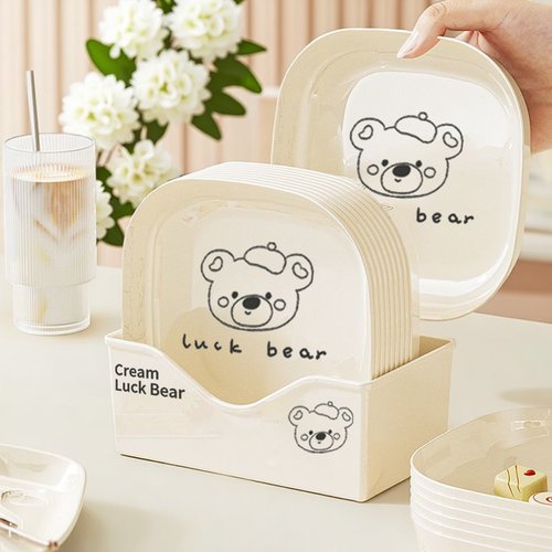 奶油风小熊吐骨碟塑料卡通可爱餐具收纳盒吐司碟