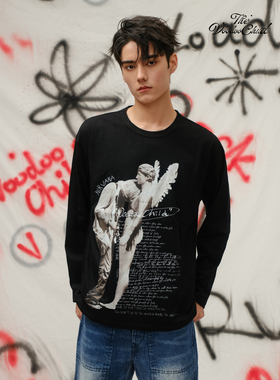 Nirvana系列 黑色涅槃雕塑字母印花长袖打底T恤