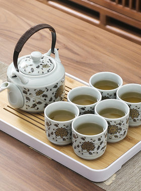 跨境陶瓷大容量提梁壶茶具套装简约日式大直壸茶壶茶杯带过滤整套