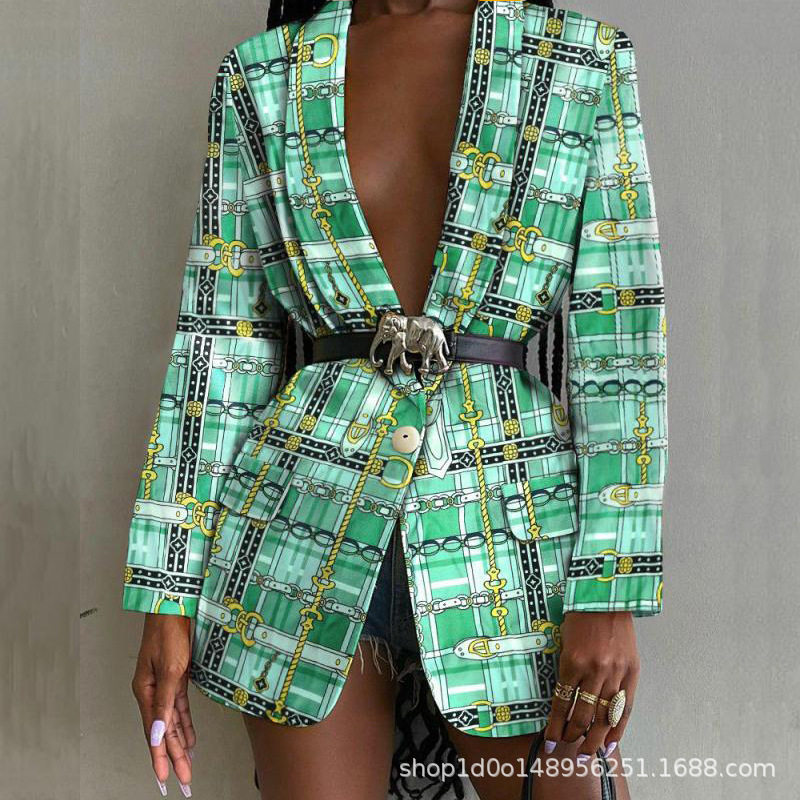 Slim fitting suit jacket欧美秋冬女装时尚性感印花修身西装外套