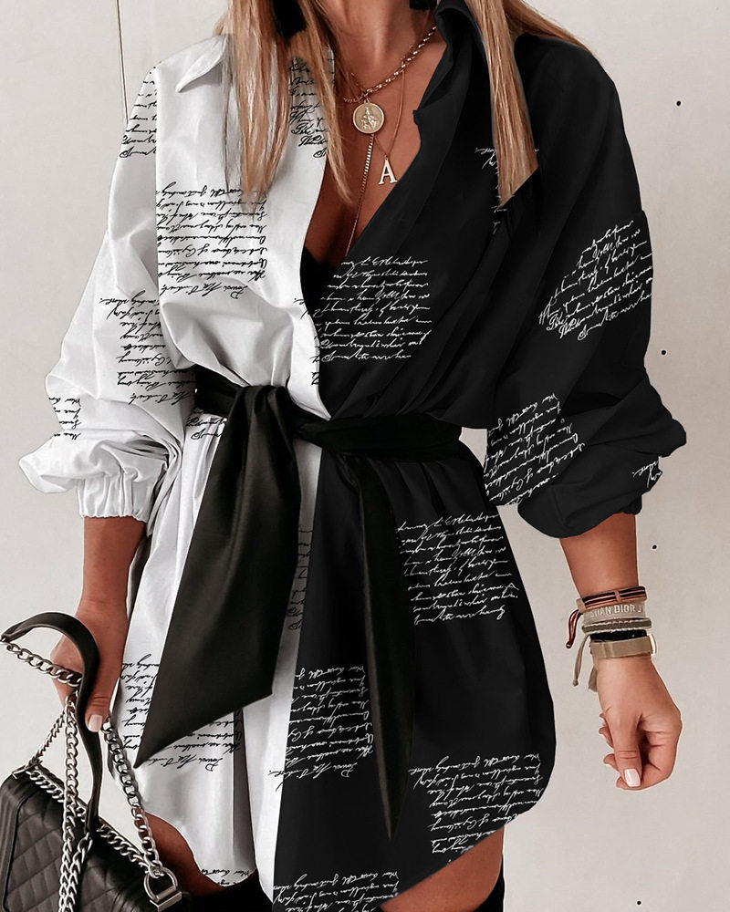 宽松绑带衬衫裙-带腰带 Lantern Sleeve Shirt Dress With Belt