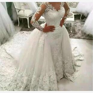 Detachable with Skirt Backless Sleeve Wedding Long Dress