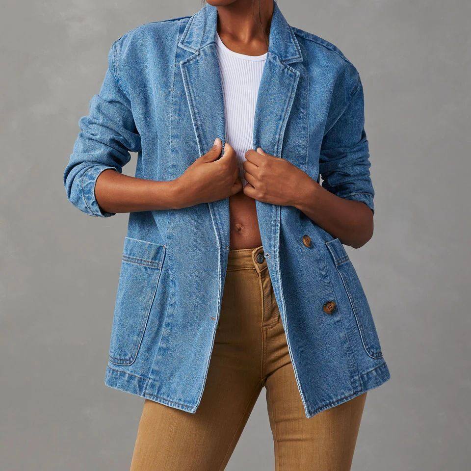 Denim suit jacket欧美女装春季时尚休闲水洗蓝色牛仔西装外套