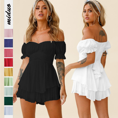 Pure color fashion sexy one-line collar lantern lotus dress