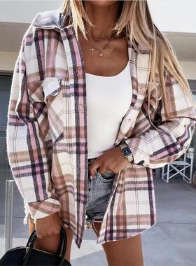 2022 lapel loose women ins hooded (detachable) plaid jacket
