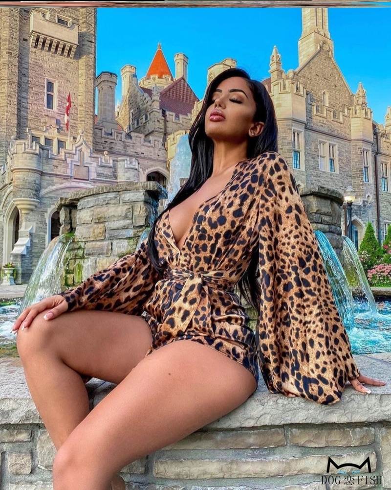 Leopard print Jumpsuit欧美V领性感喇叭长袖印花修身连体短裤女