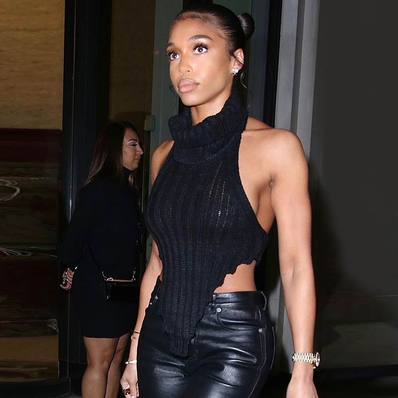 欧美时尚经典女装气质高领针织无袖个性黑色针织上衣露脐背心上衣