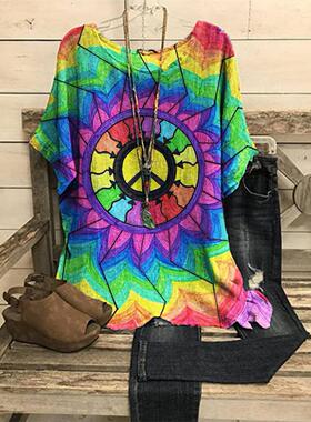 2022 women's loose print round neck casual large size women