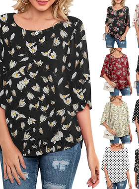2022 women's ins casual low round neck loose top 3/4 sleeve