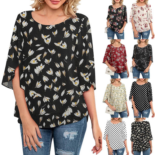 2022 women's ins casual low round neck loose top 3/4 sleeve