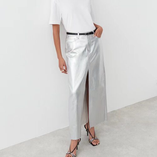 欧美风新款银色修身包臀裙开叉PU半身裙 Split PU leather skirt