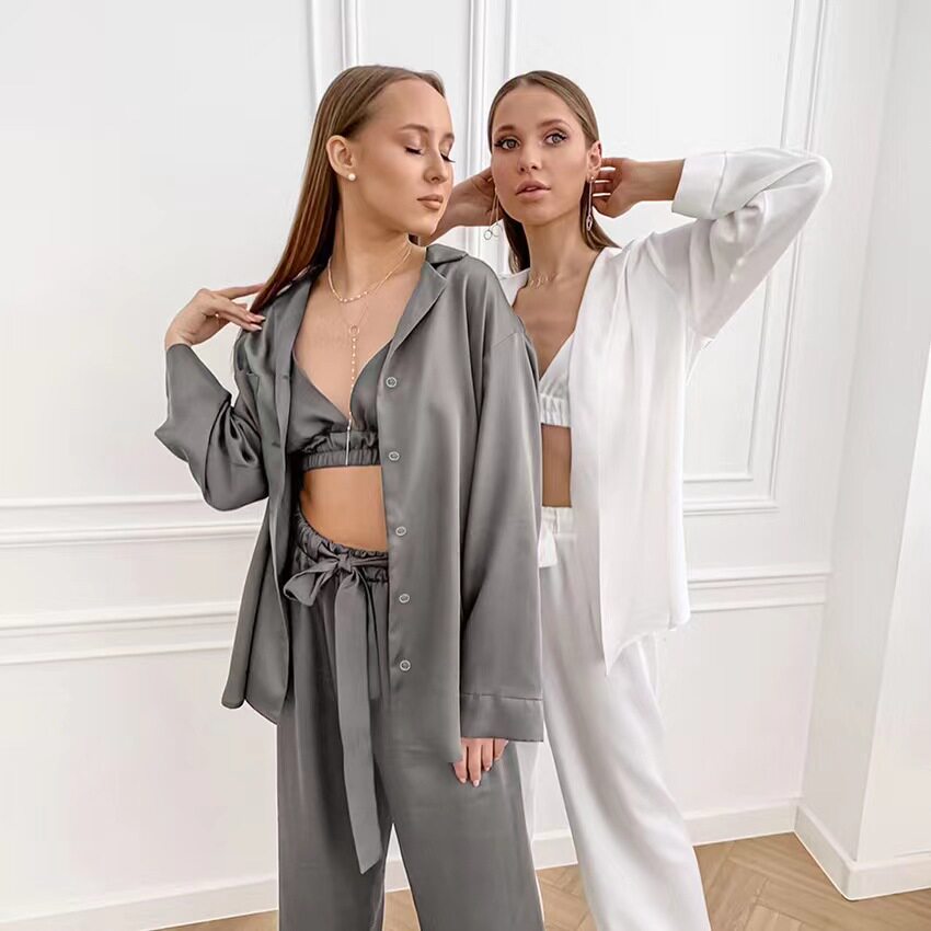 欧美风色丁衬衫背心长裤子三件套家居服 Fashion three-piece set