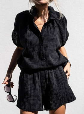 Sports two-piece set新款女休闲V领纽扣黑色短袖短裤运动两件套