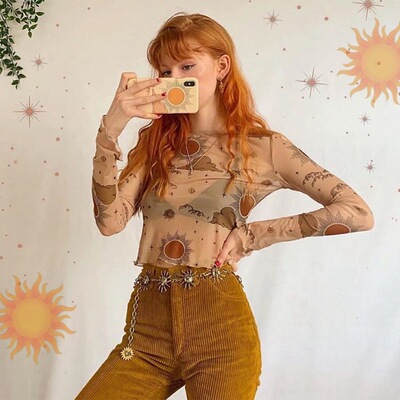 2022 Women Fashion Mesh Printed Sun Moon Long Sleeve Jacket